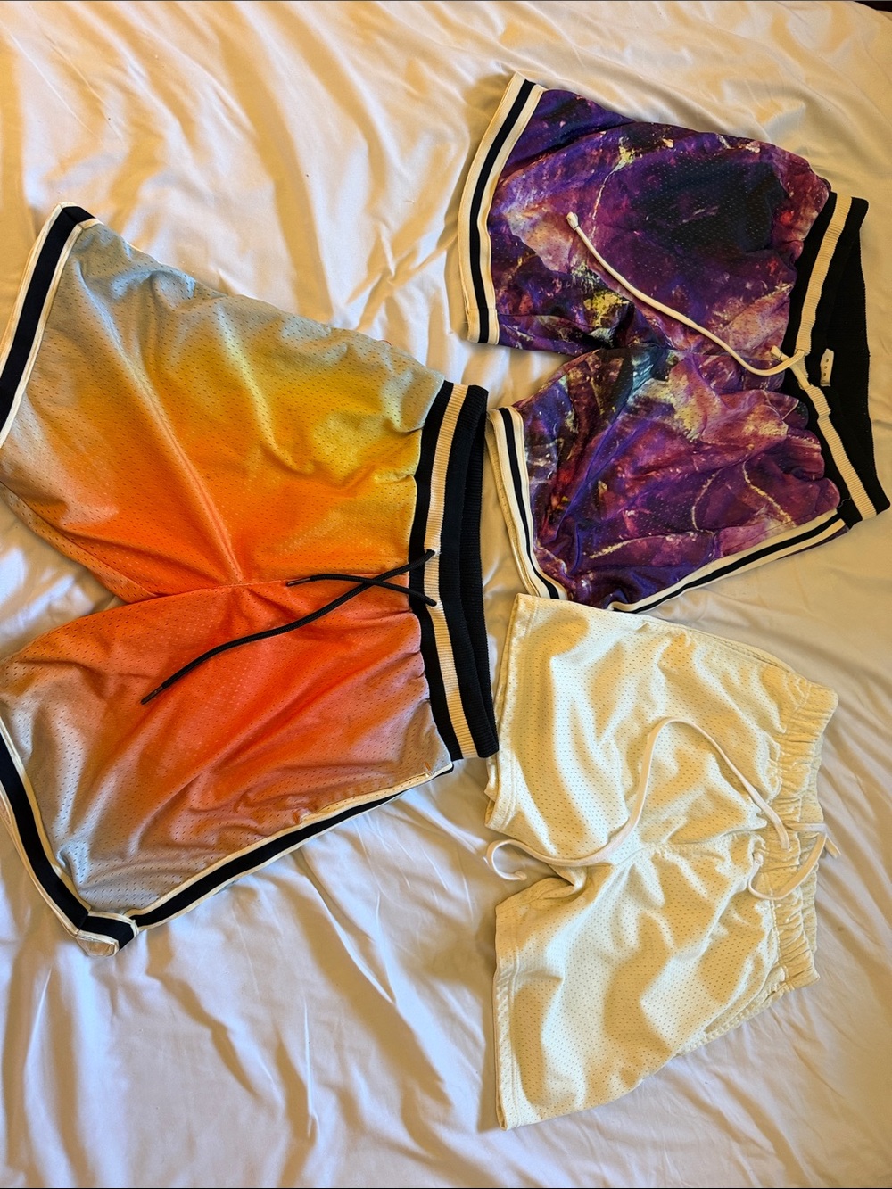 Mnml Three-Pack Athletic Mesh Shorts - Orange Gradient, Purple Nebula, Cream